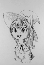 Size: 584x859 | Tagged: safe, artist:tjpones, earth pony, pony, akko kagari, atsuko "akko" kagari, bust, clothes, cute, grayscale, hat, inktober, little witch academia, monochrome, ponified, solo, traditional art, witch, witch hat