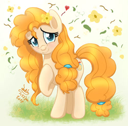 Size: 1195x1180 | Tagged: safe, artist:joakaha, pear butter, earth pony, pony, the perfect pear, cute, female, flower, flower in hair, looking at you, mare, pearabetes, smiling, solo