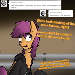 Size: 750x750 | Tagged: safe, artist:conmanwolf, scootaloo, pony, fanfic:rainbow factory, ask factory scootaloo, clothes, comic, factory scootaloo, pipe (plumbing)