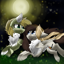 Size: 2560x2560 | Tagged: safe, artist:brokensilence, oc, oc only, oc:auctor, oc:misty serenity, firefly (insect), pegasus, pony, eye contact, freckles, full moon, looking at each other, mistor, moon, night, running, shipping, windswept mane