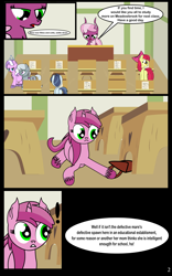 Size: 2016x3240 | Tagged: safe, artist:dinkyuniverse, apple bloom, cheerilee, diamond tiara, ruby pinch, shady daze, silver spoon, pony, comic:wine essence, comic, exclamation point, filly, ponyville schoolhouse, saddle bag, school