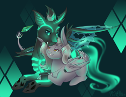 Size: 792x612 | Tagged: safe, artist:katotter, oc, oc only, changeling, dracony, hybrid, kirin, pegasus, pony, cuddling, glow, snuggling