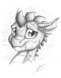 Size: 1024x1313 | Tagged: safe, artist:lupiarts, spike, dragon, fangs, looking at you, monochrome, sketch, smiling, solo, traditional art