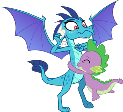 Size: 5597x5127 | Tagged: safe, artist:frownfactory, princess ember, spike, dragon, triple threat, .svg available, :s, colored wings, female, hug, male, multicolored wings, red eyes, simple background, svg, transparent background, uncomfortable, vector, wavy mouth, wings
