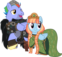 Size: 1086x1001 | Tagged: safe, artist:cloudyglow, bow hothoof, windy whistles, pegasus, pony, brave, clothes, clothes swap, cosplay, costume, crossover, disney, elinor, fergus, pixar, rainbow dash's parents, simple background, smiling, transparent background, vector