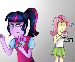 Size: 1200x1000 | Tagged: safe, artist:sweetpieee, fluttershy, sci-twi, twilight sparkle, equestria girls, bowtie, clothes, glasses, question mark, velma dinkley moment