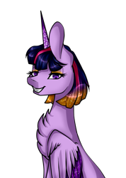 Size: 737x1037 | Tagged: safe, artist:xxmissteaxx, twilight sparkle, twilight sparkle (alicorn), alicorn, pony, alternate hairstyle, alternate universe, looking at you, side view, simple background, solo, transparent background