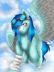 Size: 1536x2048 | Tagged: safe, artist:yomi brasi, oc, oc only, pegasus, pony, bandage, cloud, solo