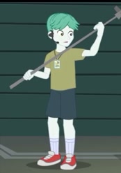Size: 451x649 | Tagged: safe, screencap, chase reverb, equestria girls, movie magic, spoiler:eqg specials, background human, clothes, male, microphone, shoes, shorts, sneakers, socks, solo