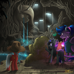 Size: 3000x3000 | Tagged: safe, artist:duskie-06, oc, oc only, oc:midnight radiance (sixpathspony), oc:tina tatinviir, oc:wanderer, dracony, dragon, earth pony, hybrid, longma, pony, clothes, female, fountain, goggles, hat, jacket, leather jacket, mare, ruins, smiling, statue, waterfall