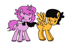 Size: 2000x1334 | Tagged: safe, artist:raptorfarts, oc, oc only, oc:pumpkin, oc:sugar swirl, pegasus, pony, unicorn, :3, mouth hold, nom, simple background, tail, tail pull, transparent background