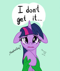 Size: 1000x1191 | Tagged: safe, artist:yukkuripalehorse, twilight sparkle, oc, oc:anon, human, pony, bedroom eyes, cute, daaaaaaaaaaaw, dialogue, female, floppy ears, green background, holding hooves, human male, human on pony hoof holding, looking at you, male, mare, offscreen character, pov, simple background, twiabetes, yukkuripalehorse is trying to murder us
