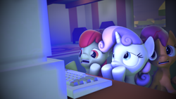 Size: 3840x2160 | Tagged: safe, artist:viranimation, apple bloom, scootaloo, sweetie belle, 3d, computer, cutie mark crusaders, dark, frightened, scared, source filmmaker