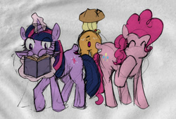 Size: 700x476 | Tagged: safe, artist:crowneprince, applejack, pinkie pie, twilight sparkle, twilight sparkle (alicorn), alicorn, earth pony, pony, behind, book, forced meme, group, meme, mouthbutt, not salmon, plot, reading, talking, wat, what has science done, wingface, wingmouth