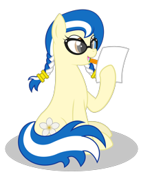 Size: 2500x3047 | Tagged: safe, artist:up-world, oc, oc:anagua, earth pony, pony, braid, female, glasses, mare, mouth hold, nation ponies, nicaragua, paper, pencil, ponified, simple background, sitting, solo, transparent background