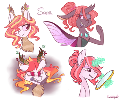 Size: 1024x853 | Tagged: safe, artist:flourret, oc, oc only, oc:serena, changedling, changeling, changepony, hybrid, unicorn, female, forked tongue, magic, mirror, offspring, parent:princess celestia, parent:thorax, parents:thoralestia, solo