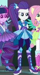 Size: 291x550 | Tagged: safe, screencap, fluttershy, rarity, sci-twi, twilight sparkle, better together, equestria girls, super squad goals, cropped, geode of fauna, geode of shielding, geode of telekinesis, magical geodes, super ponied up