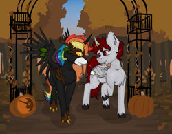 Size: 2607x2036 | Tagged: safe, artist:marsminer, oc, oc only, oc:cloudburst, oc:rainbow heart, alicorn, bat pony, bat pony alicorn, alicorn oc, halloween, holiday, horn ring, jack-o-lantern, mare in the moon, marriage, married, moon, pumpkin, pumpkin carving, rainbow hair, ring, wedding, wedding ring