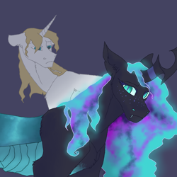 Size: 1000x1000 | Tagged: safe, artist:silly-draconeqques, prince blueblood, oc, changeling, changeling oc, parent:princess luna