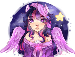 Size: 800x600 | Tagged: safe, artist:pinkymynery2212, twilight sparkle, twilight sparkle (alicorn), alicorn, human, alicorn humanization, clothes, female, horned humanization, humanized, looking at you, night, smiling, solo, stars, winged humanization, wings