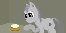 Size: 2048x1024 | Tagged: safe, artist:onil innarin, oc, oc only, oc:slate pie, pony, cake, cute, dock, eyes on the prize, female, fluffy, food, mare, smiling, solo