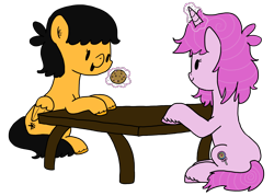 Size: 3238x2312 | Tagged: safe, artist:raptorfarts, oc, oc only, oc:pumpkin, oc:sugar swirl, pegasus, pony, unicorn, cookie, food, glowing horn, levitation, magic, simple background, table, telekinesis, transparent background, unshorn fetlocks