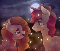 Size: 1984x1680 | Tagged: safe, artist:jeffapegas, bright mac, pear butter, earth pony, firefly (insect), pony, the perfect pear, blushing, brightbutter, eye contact, female, heart eyes, looking at each other, male, mare, moon, night, open mouth, open smile, profile, shipping, smiling, smiling at each other, stallion, straight, wingding eyes