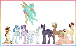 Size: 3090x1881 | Tagged: safe, artist:holoriot, oc, oc only, oc:apple buck, oc:blitz tornado, oc:daybreak, oc:marigold leaf, oc:moonstone, oc:onyx, oc:sugar rush, oc:sweet tooth, oc:velvet blossom, dracony, hybrid, pegasus, pony, unicorn, female, interspecies offspring, magical lesbian spawn, male, mare, offspring, parent:applejack, parent:big macintosh, parent:fluttershy, parent:party favor, parent:pinkie pie, parent:rainbow dash, parent:rarity, parent:spike, parent:sunset shimmer, parent:trouble shoes, parent:twilight sparkle, parent:zephyr breeze, parents:fluttermac, parents:partypie, parents:sparity, parents:sunsetsparkle, parents:troublejack, parents:zephdash, stallion