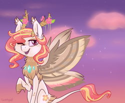 Size: 1024x841 | Tagged: safe, artist:flourret, oc, oc only, oc:serena, changepony, hybrid, female, offspring, one eye closed, parent:princess celestia, parent:thorax, parents:thoralestia, raised hoof, solo, wink