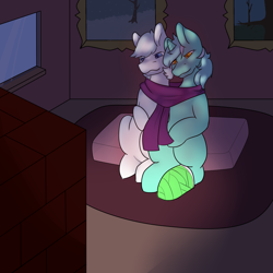 Size: 2000x2000 | Tagged: safe, artist:blacksky1113, double diamond, lyra heartstrings, earth pony, pony, unicorn, bandage, blushing, broken leg, cabin, cast, clothes, crack shipping, cute, female, fireplace, leg cast, lymond, male, mare, pillow, scarf, shipping, snow, stallion, straight, tree, window