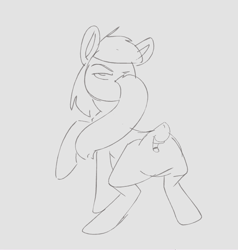 Size: 644x676 | Tagged: safe, artist:pikapetey, pony, forced meme, gray background, looking at you, looking back, meme, mouthbutt, not salmon, open mouth, pose, raised eyebrow, raised hoof, simple background, sketch, smiling, smirk, solo, tailmouth, wat, why