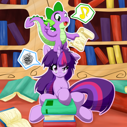 Size: 2000x2000 | Tagged: safe, artist:ragurimo, spike, twilight sparkle, unicorn twilight, dragon, pony, unicorn, annoyed, bed mane, book, duo, fangs, female, golden oaks library, letter, looking up, mare, messy mane, music notes, open mouth, pony hat, raised eyebrow, singing, sitting, speech bubble, thought bubble