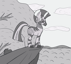 Size: 2268x2041 | Tagged: safe, artist:ononim, zecora, zebra, atg 2017, cliff, cloud, everfree forest, female, forest, grayscale, monochrome, newbie artist training grounds, quadrupedal, solo