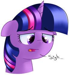 Size: 1400x1525 | Tagged: safe, artist:sykobelle, twilight sparkle, pony, bust, female, mare, sad, sigh, simple background, solo, transparent background