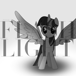 Size: 800x800 | Tagged: safe, artist:penguinsn1fan, artist:timeimpact, twilight sparkle, twilight sparkle (alicorn), alicorn, pony, cover, flashlight (song), irony, jessie j, monochrome, parody, solo, song reference