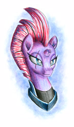 Size: 1680x2870 | Tagged: safe, artist:nightpaint12, tempest shadow, pony, unicorn, my little pony: the movie, armor, broken horn, bust, eye scar, female, mare, portrait, scar, smiling, solo, traditional art