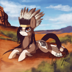 Size: 1200x1202 | Tagged: safe, artist:shivannie, oc, oc only, oc:aiyanna, earth pony, pony, desert, female, headdress, mare, pinto, prone, smiling, solo