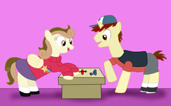 Size: 1836x1141 | Tagged: safe, artist:04startycornonline88, oc, oc only, oc:cinnamon teslamall, oc:marshmallow sandymall, pegasus, pony, unicorn, clothes, cosplay, costume, dipper pines, game, gravity falls, mabel pines, parody