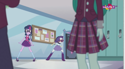 Size: 1152x638 | Tagged: safe, screencap, cold forecast, rarity, sci-twi, twilight sparkle, dance magic, equestria girls, spoiler:eqg specials, background human, boots, bowtie, bracelet, clothes, crystal prep academy, crystal prep academy uniform, door, glasses, high heel boots, hoodie, jewelry, lockers, mary janes, pleated skirt, ponytail, school, school uniform, shoes, skirt, sneaking, socks, teletoon