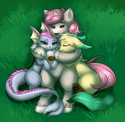 Size: 1078x1054 | Tagged: safe, artist:confetticakez, oc, oc:intrepid charm, oc:trail, pony, unicorn, female, leafeon, male, pokémon, snuggling, stallion, straight, vaporeon