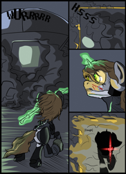 Size: 2400x3300 | Tagged: safe, artist:aaronmk, oc, oc:littlepip, pony, comic:it has to be this way, fallout equestria, blood, comic, crossover, cut, female, mare, metal gear, metal gear rising, raiden, smoke, sword, weapon