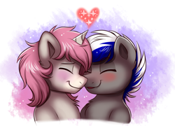 Size: 1383x995 | Tagged: safe, artist:confetticakez, oc, oc only, oc:bassy, oc:intrepid charm, pegasus, pony, unicorn, gay, heart, male, nuzzles, stallion