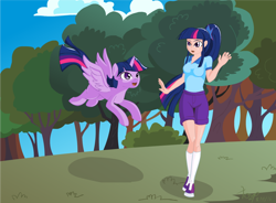 Size: 1000x734 | Tagged: safe, artist:tozinkai, sci-twi, twilight sparkle, twilight sparkle (alicorn), alicorn, equestria girls, legend of everfree, flying, grass, human ponidox, humanized, self ponidox, tree, twolight