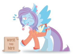 Size: 1000x707 | Tagged: safe, artist:jodi sli, oc, oc only, oc:glass rose, pegasus, pony, 2018 community collab, box, candy, clothes, cutie mark, derpibooru community collaboration, female, food, lineless, lollipop, one eye closed, outfit, simple background, smiling, solo, transparent background, wink