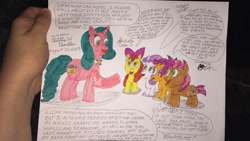 Size: 960x540 | Tagged: safe, artist:chris chan, apple bloom, babs seed, scootaloo, sweetie belle, oc, oc:miss night star, pony, chris chan, cutie mark crusaders, hand, traditional art