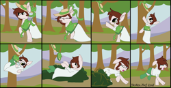 Size: 3000x1553 | Tagged: safe, artist:dookin, oc, oc only, pony, boyshorts, climbing, clothes, comic, crossdressing, crying, cute, dress, frilly underwear, green underwear, hat, panties, socks, torn clothes, tree, underwear, wardrobe malfunction