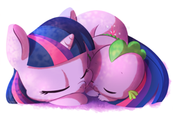 Size: 1000x696 | Tagged: safe, artist:kicsterash, spike, twilight sparkle, dragon, baby spike, cuddling, cute, daaaaaaaaaaaw, eyes closed, filly, filly twilight sparkle, hnnng, mama twilight, simple background, sleeping, snuggling, spikabetes, spikelove, twiabetes, watermark, weapons-grade cute, white background, younger