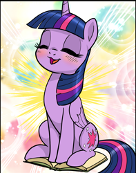Size: 1128x1433 | Tagged: safe, artist:pencils, edit, twilight sparkle, twilight sparkle (alicorn), alicorn, pony, abstract background, adorkable, behaving like a cat, blushing, book, bookhorse, cropped, cute, dawwww, dork, eyes closed, female, happy, hnnng, mare, open mouth, pencils is trying to murder us, sitting, smiling, solo, that pony sure does love books, twiabetes, weapons-grade cute