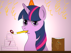 Size: 1890x1417 | Tagged: safe, artist:loira, twilight sparkle, twilight sparkle (alicorn), alicorn, pony, book, cake, food, happy birthday mlp:fim, hat, mlp fim's seventh anniversary, party hat, party horn, tongue out