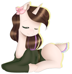 Size: 1511x1548 | Tagged: safe, artist:clefficia, oc, oc only, oc:pastel, deer pony, hybrid, original species, pony, unicorn, art trade, clothes, eyes closed, female, flower, flower in hair, mare, prone, simple background, smiling, solo, transparent background